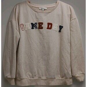 Francesca’s GAME DAY Fuzzy Crewneck Sweatshirt Small Beige Preppy Varsity Cozy